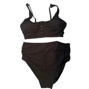 Black Button-Front Bikini Set